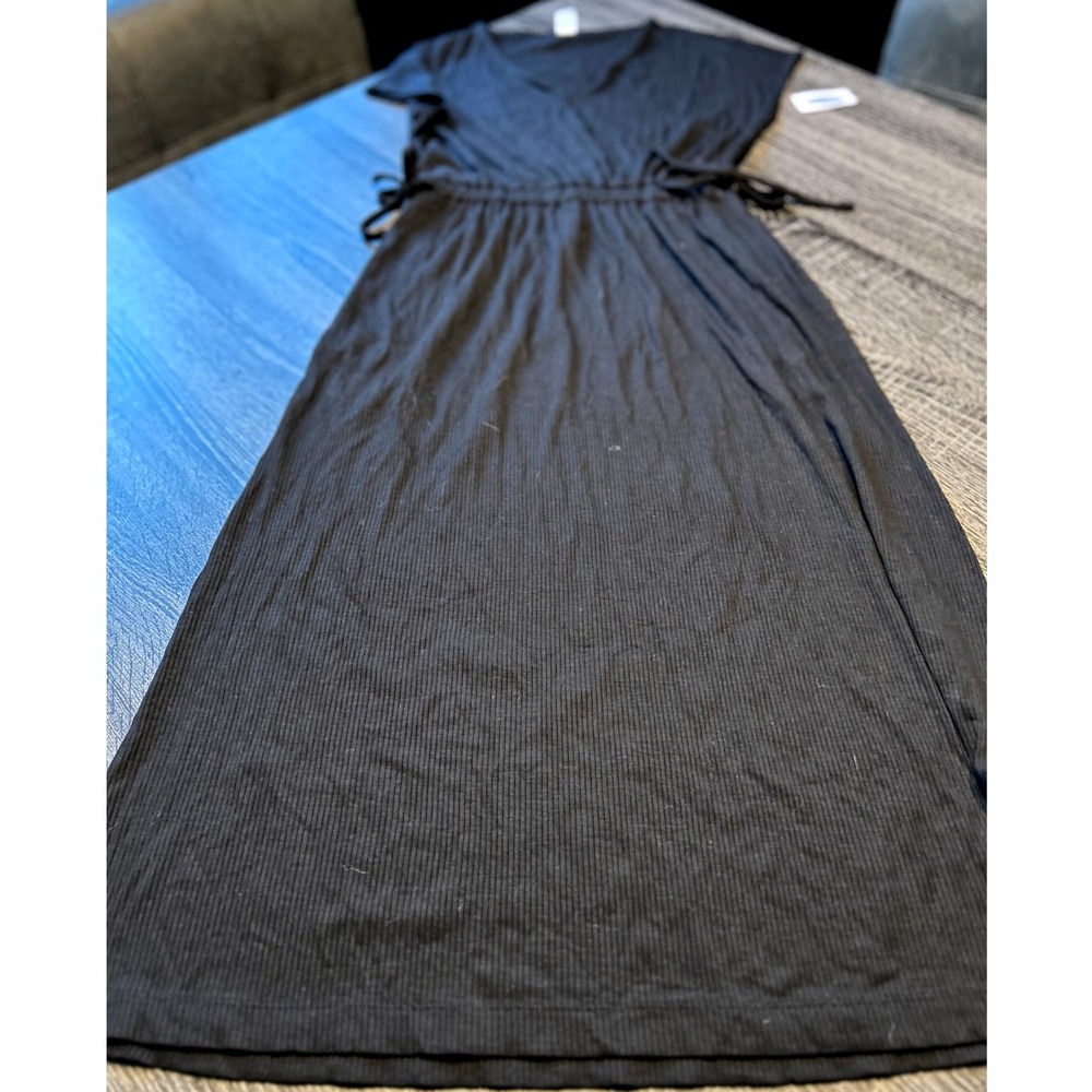 Old Navy XS Black Ribbed Knit Drawstring Waist V Neck Maxi Dress Casual‎
